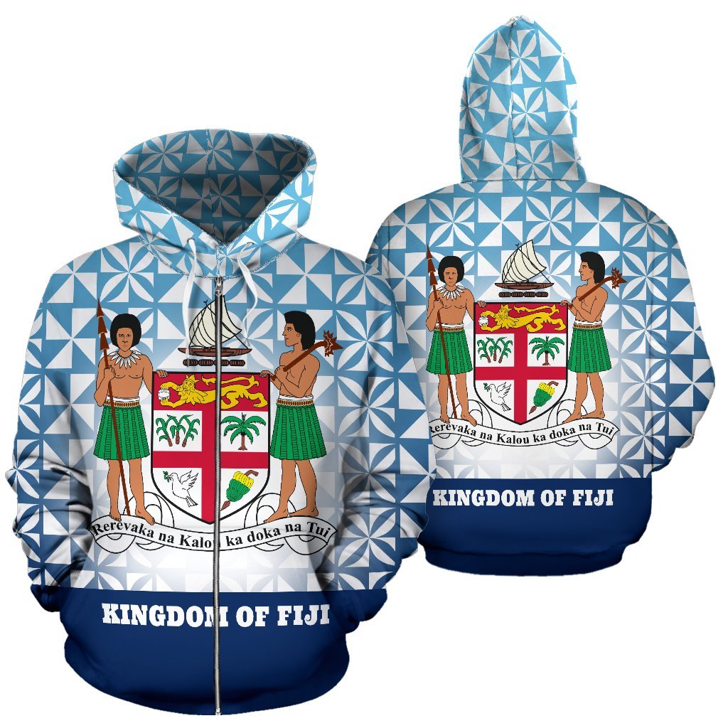 Fiji Tapa Zip Hoodie Fiji Coat of Arms Kingdom of Fiji Unisex Blue - Polynesian Pride