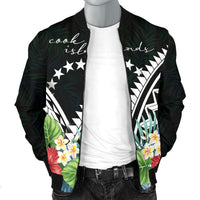 Cook Islands Men's Bomber Jacket - Cook Islands Coat of Arms & Polynesian Tropical Flowers White - Polynesian Pride