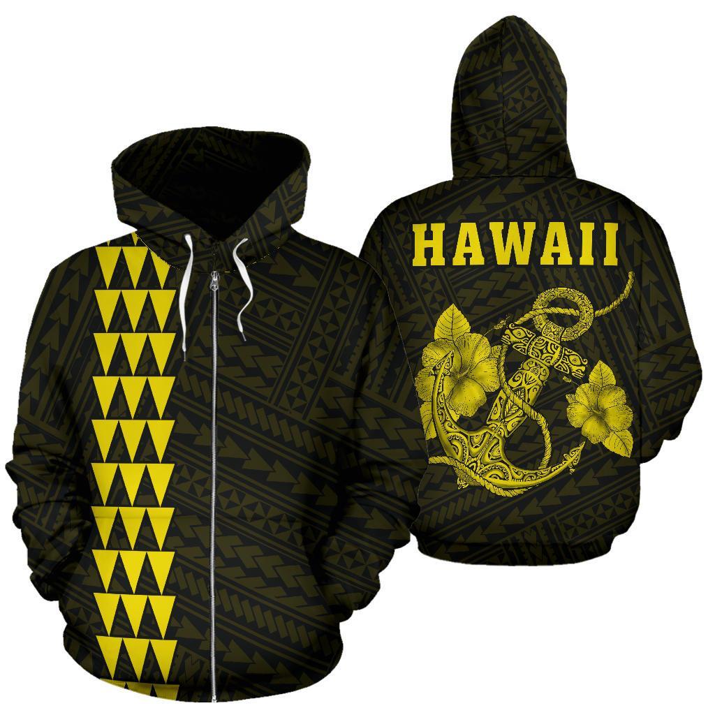 Polynesian Kakau Anchor Hibiscus Hawaii Zip Hoodie Yellow Unisex Yellow - Polynesian Pride