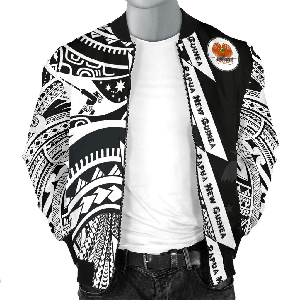 Polynesian Guinea Men's Bomber Jacket - Moana Maui Tattoo With Coat Of Arm Guinea White - Polynesian Pride