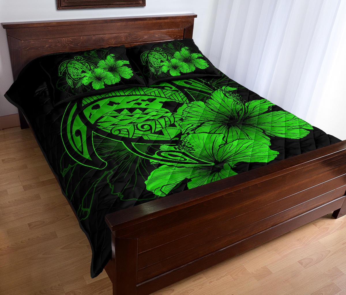 Hawaiian Map Turtle Hibiscus Polynesian Quilt Bedding Set - Green - Polynesian Pride