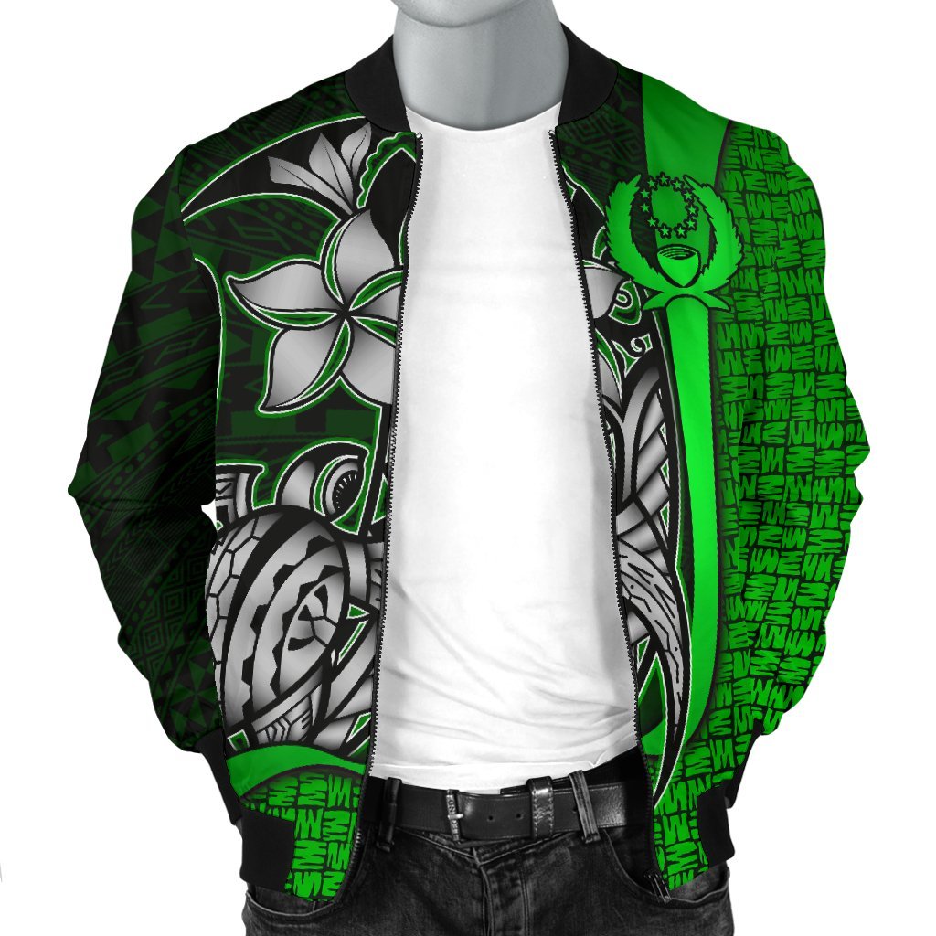 Pohnpei Micronesia Men's Bomber Jackets Green - Turtle With Hook - Polynesian Pride