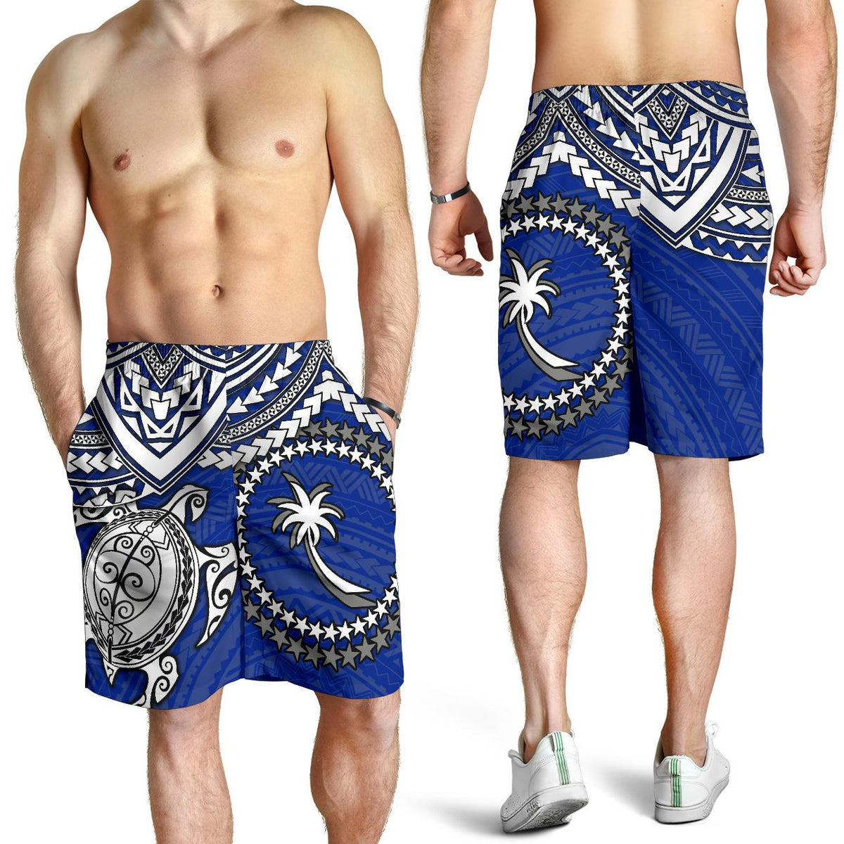 Chuuk Polynesian Short (Men) - White Turtle (Blue) - Polynesian Pride