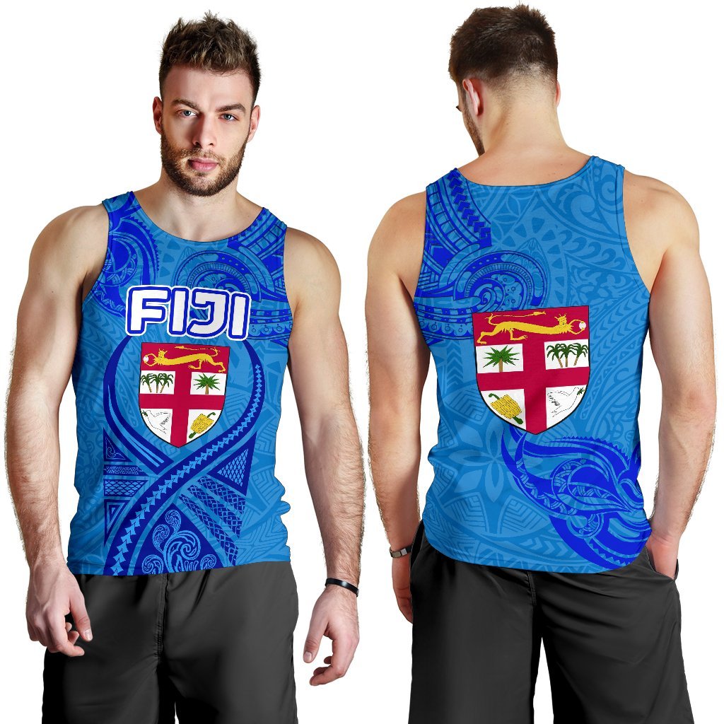 Combo Men Tank Top and Men Short Blue Fiji Rugby Polynesian Waves Style - Polynesian Pride