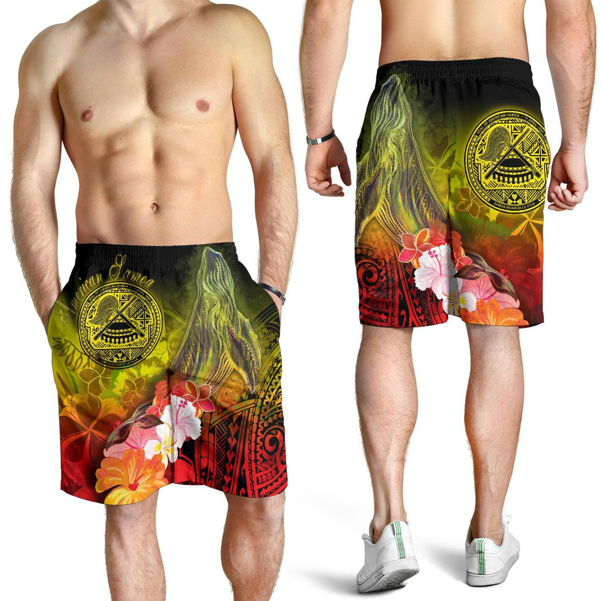 American Samoa Polynesian Men's Shorts - Humpback Whale with Tropical Flowers - Polynesian Pride