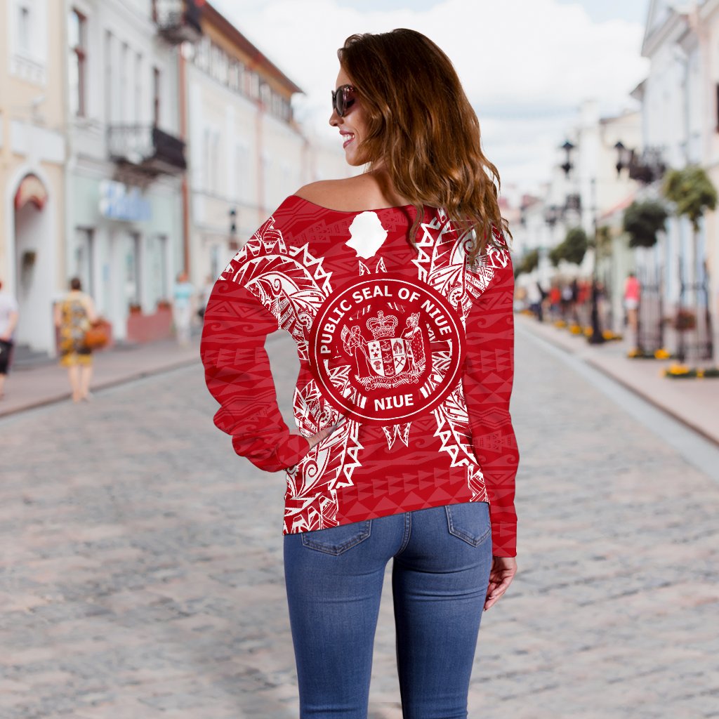 Niue Polynesian Shoulder Sweater Map Red White - Polynesian Pride