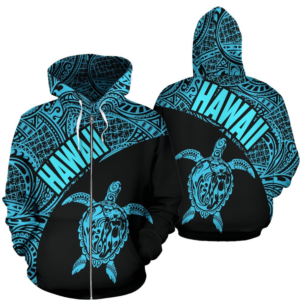 Hawaii Zip up Hoodie Hawaii Turtle Mermaid Polynesian Tattoo Blue Version Unisex Blue - Polynesian Pride