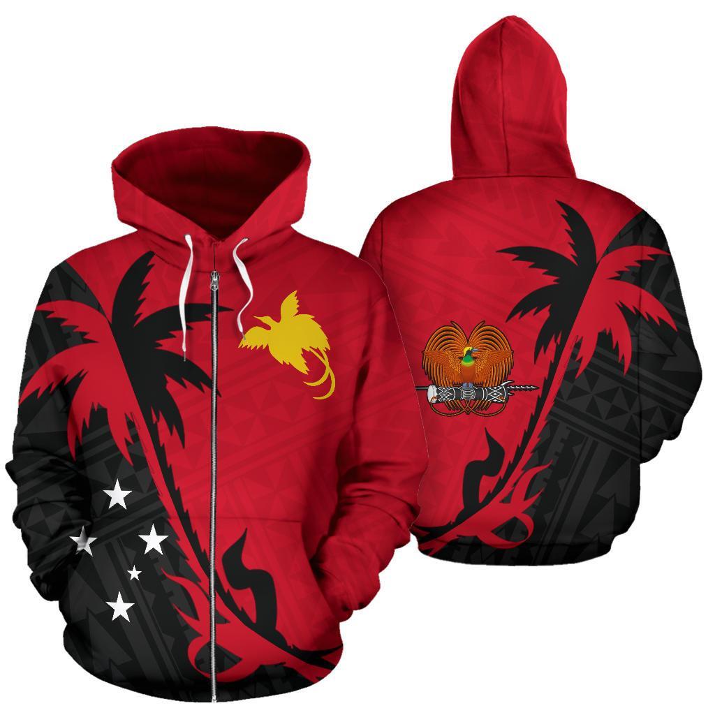 Papua New Guinea Zip up Hoodie Papua New Guinea Flag Coat of Arms Coconut Tree Unisex Red - Polynesian Pride