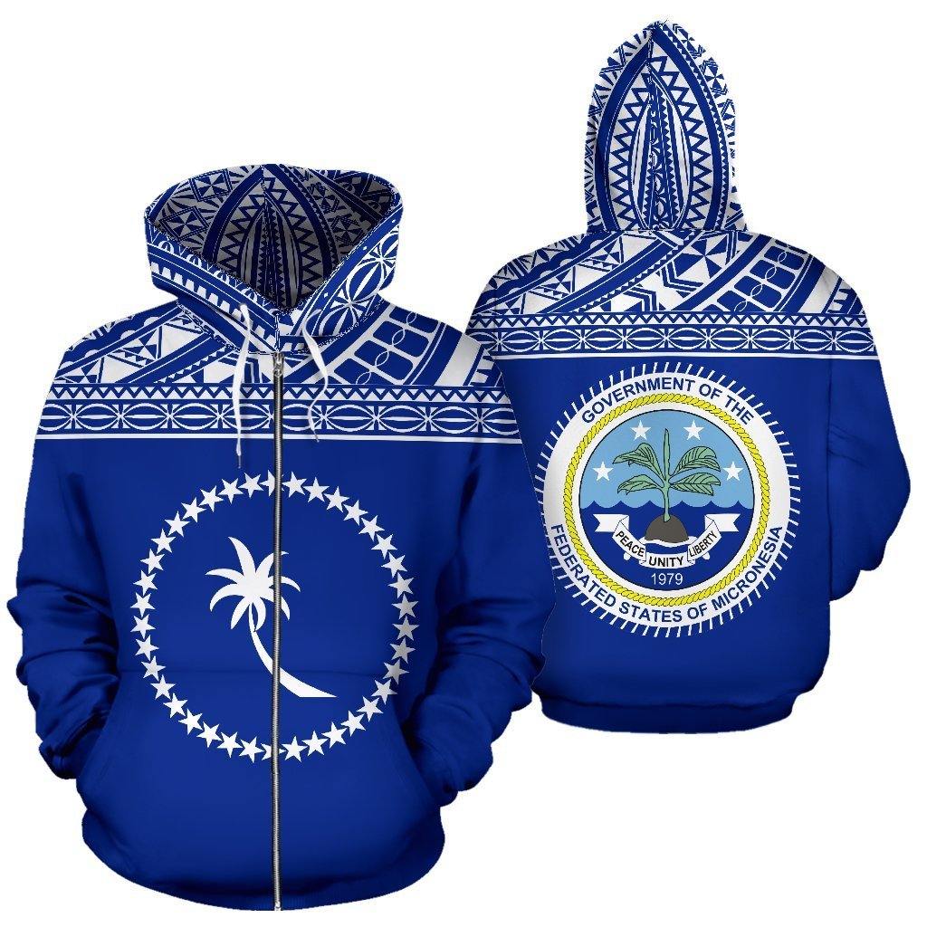 Federated States of Micronesia All Over Zip up Hoodie Chuuk Flag Unisex Blue - Polynesian Pride