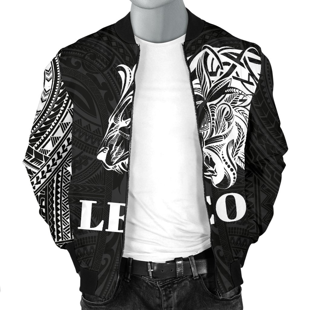 Sun In Leo Zodiac Men Bomber Jacket Polynesian Tattoo Simple - White - Polynesian Pride