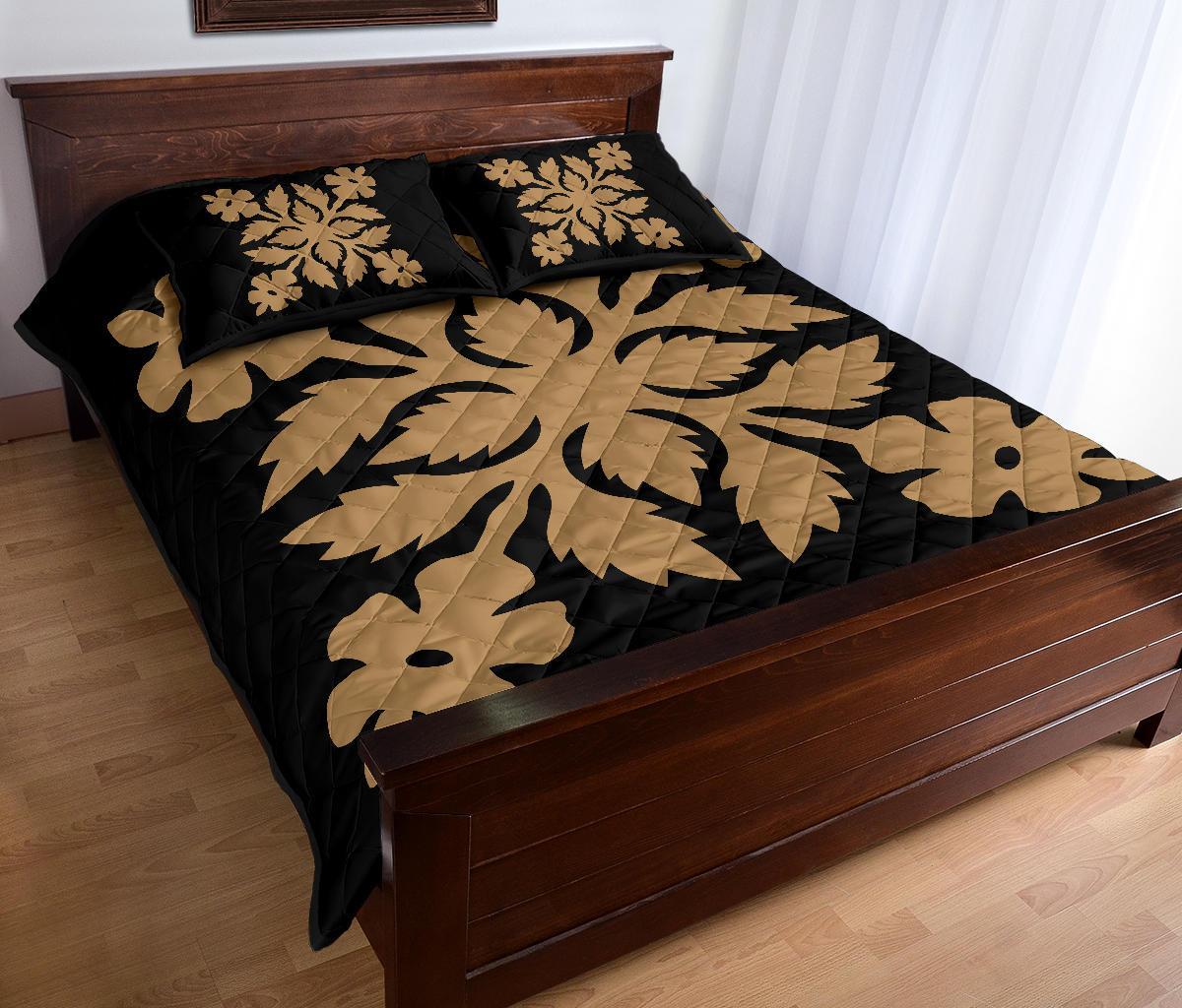 Hawaiian Quilt Bed Set Royal Pattern - Black And Gold - B2 Style - Polynesian Pride
