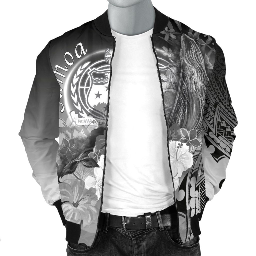 Samoa Men's Bomber Jacket - Humpback Whale with Tropical Flowers (White) - Polynesian Pride