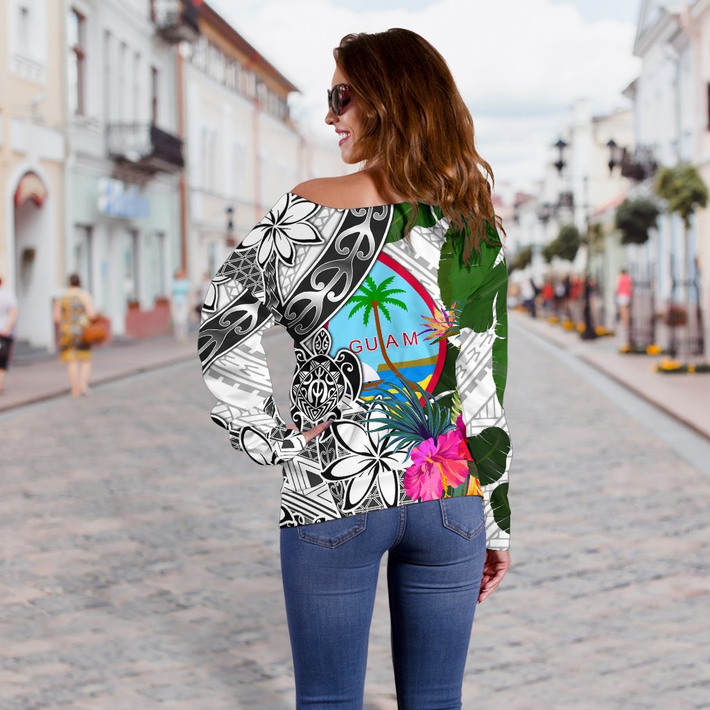 Guam Women's Off Shoulder Sweater White - Turtle Plumeria Banana Leaf - Polynesian Pride