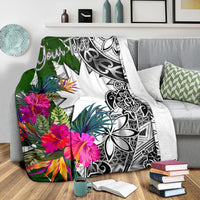 Nauru Custom Personalised Premium Blanket White - Turtle Plumeria Banana Leaf - Polynesian Pride
