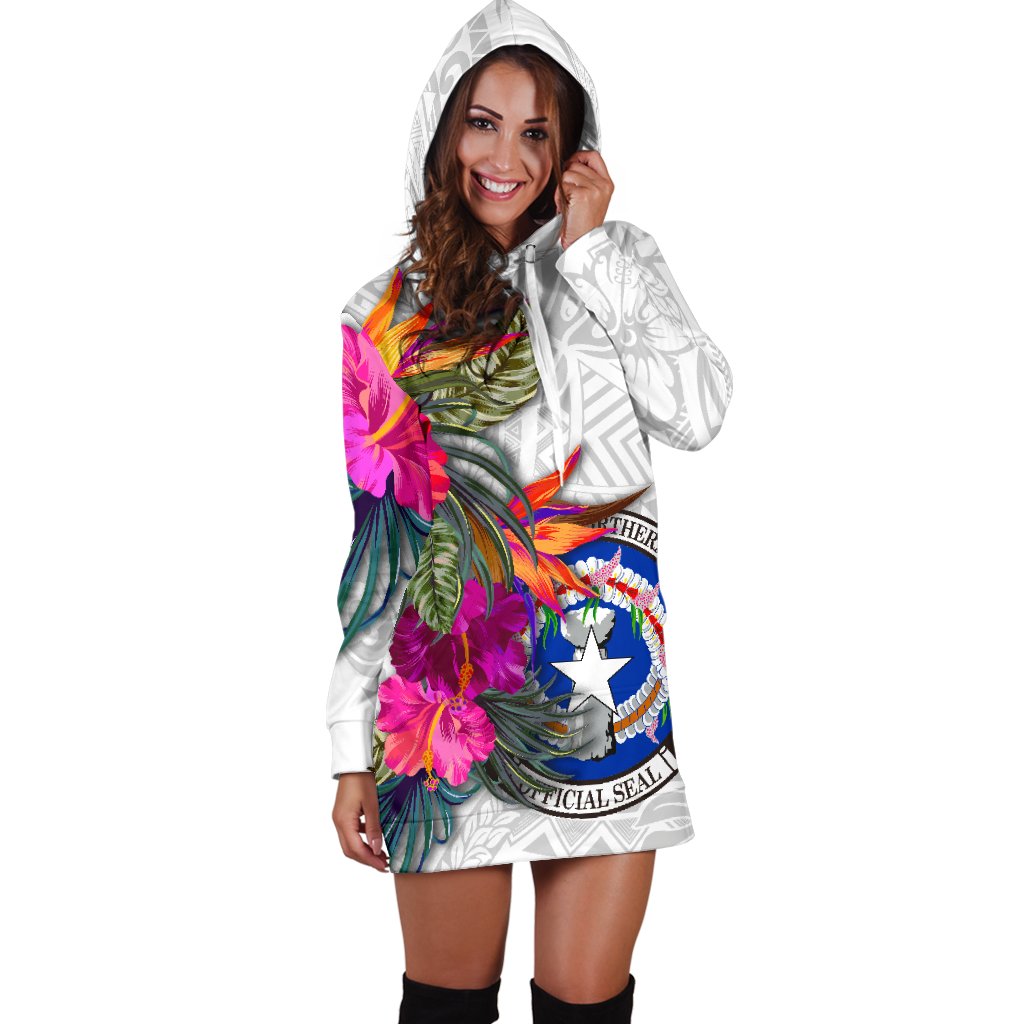 Northern Mariana Islands Women's Hoodie Dress Polynesian Hibiscus White Pattern - Polynesian Pride