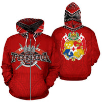 Tonga Zip up Hoodie Tonga Flag COat of Arms Tribal Roots Red Unisex Red - Polynesian Pride