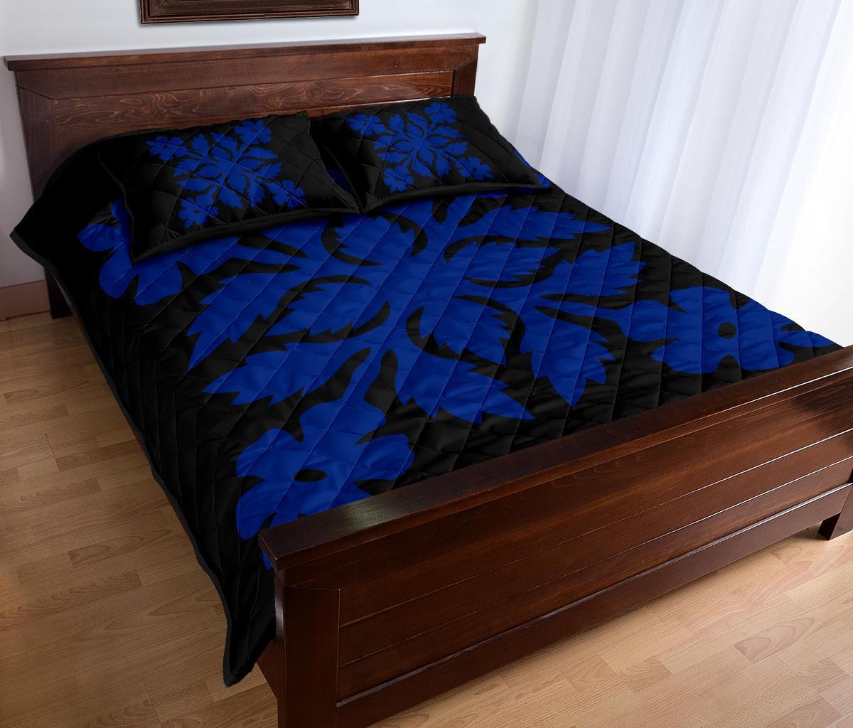 Hawaiian Quilt Bed Set Royal Pattern - Black And Blue - B2 Style - Polynesian Pride
