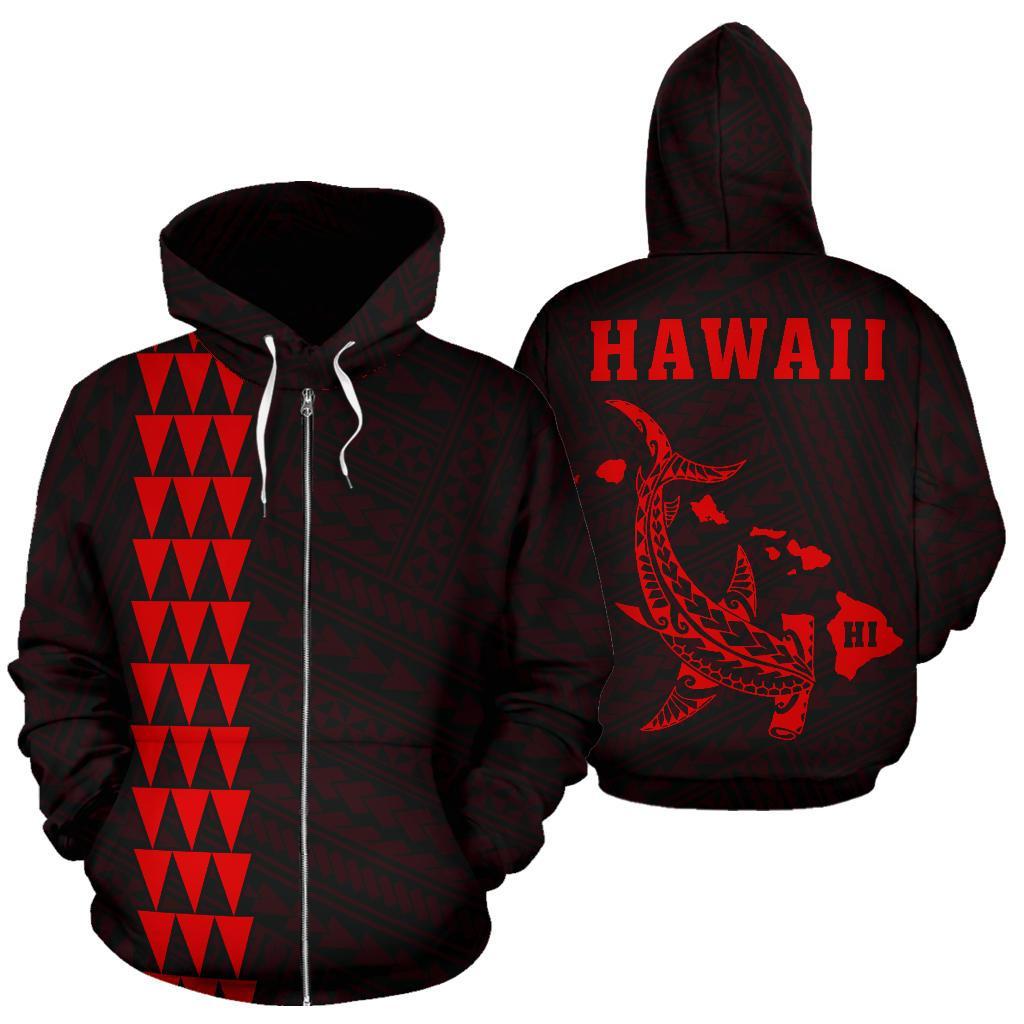 Polynesian Kakau Hammerhead Shark Map of Hawaii Zip Hoodie Red Unisex Red - Polynesian Pride