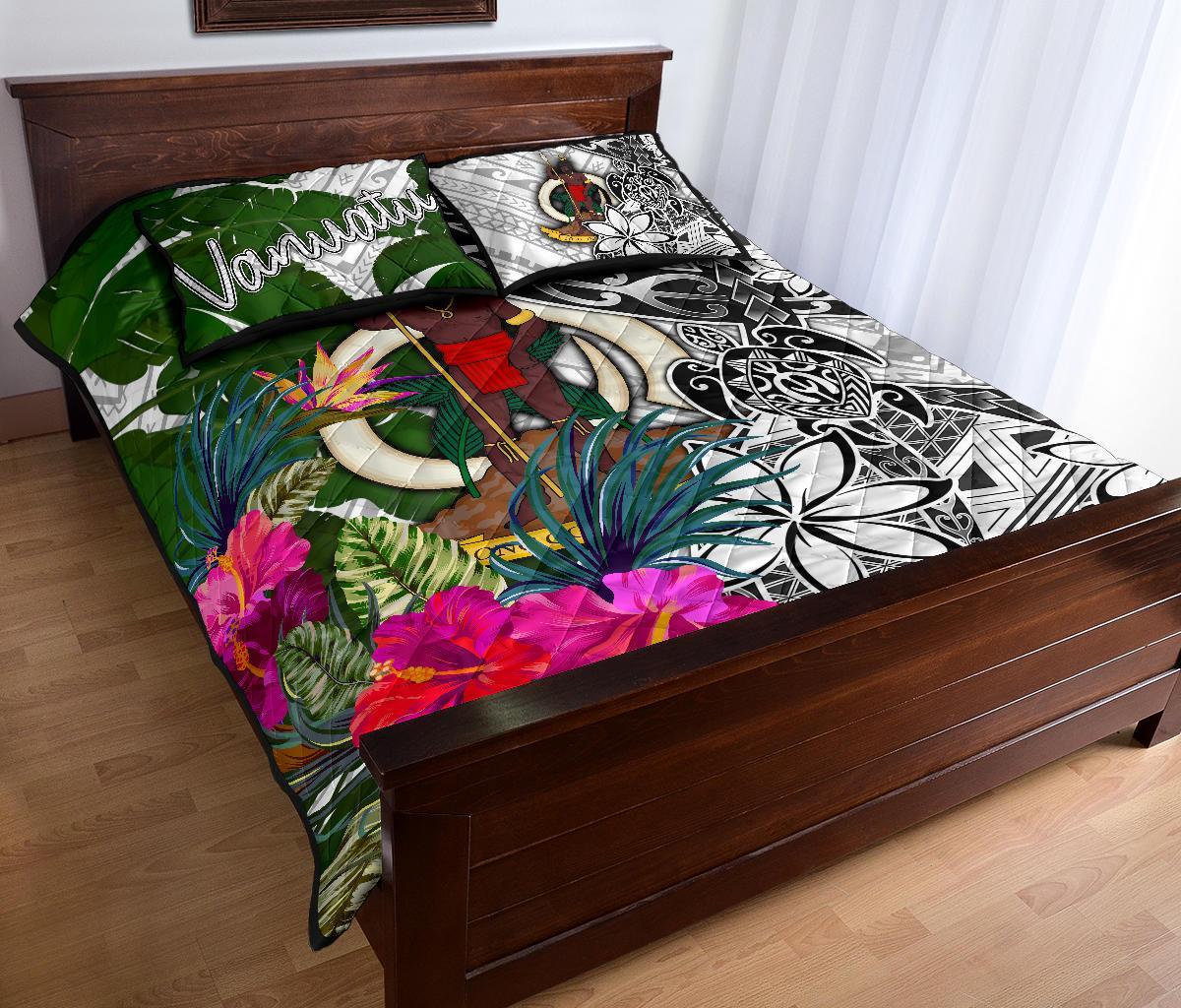 Vanuatu Quilt Bed Set White - Turtle Plumeria Banana Leaf - Polynesian Pride