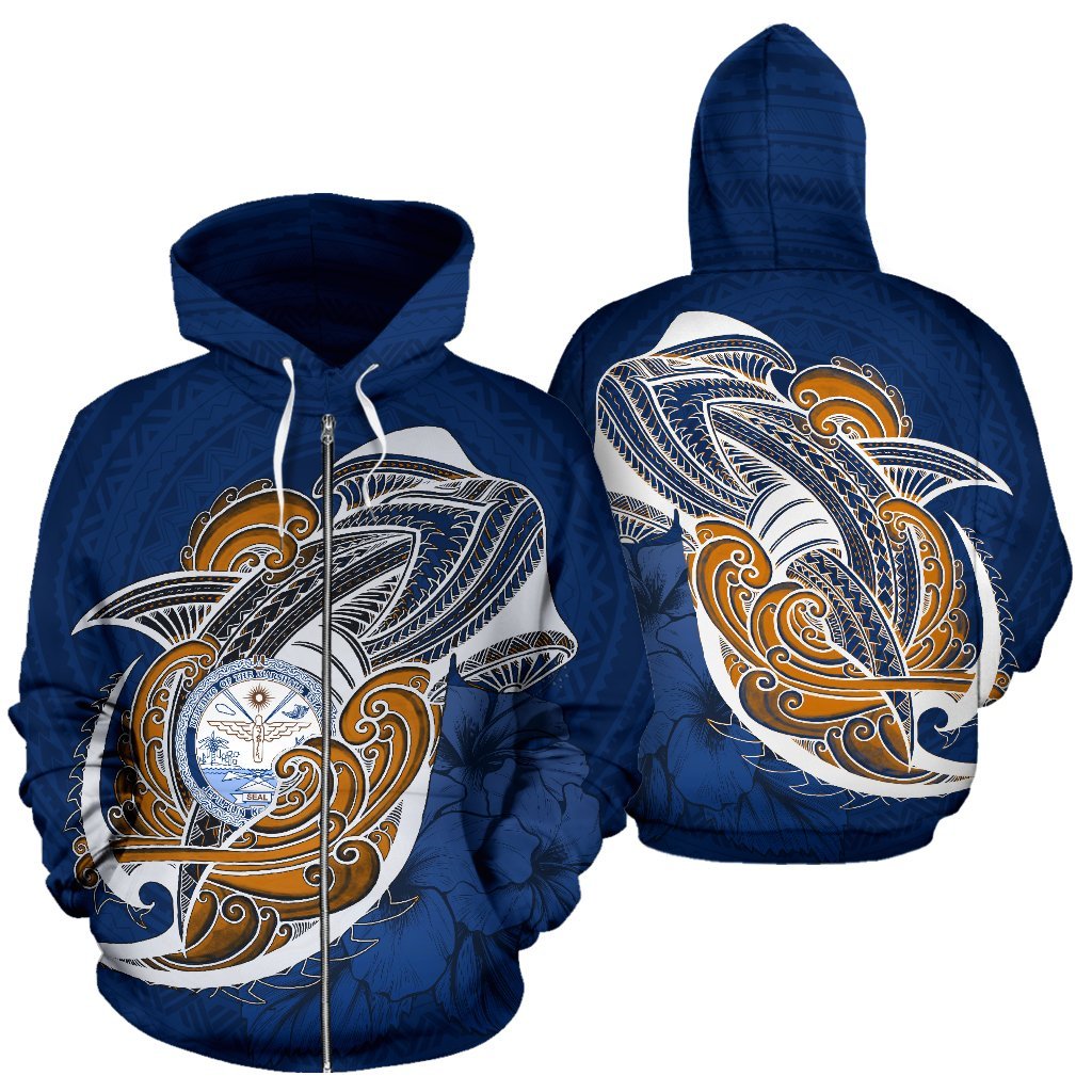 Marshall Islands All Over Zip up Hoodie Shark Coat of Arms - Polynesian Pride