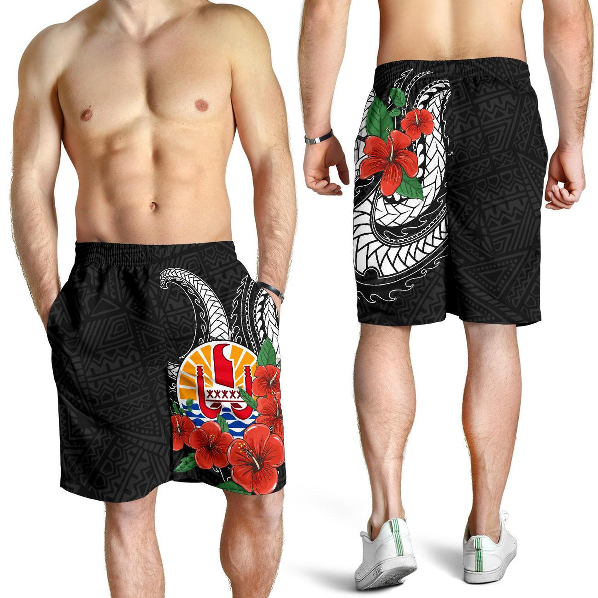 Tahiti Polynesian Men Shorts - Hibiscus Coat of Arm Black - Polynesian Pride