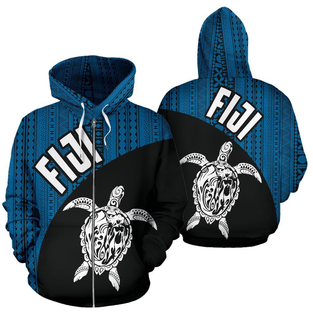 Fiji Tapa Zip up Hoodie Fiji Turtle Mermaid Blue Dark Unisex Black - Polynesian Pride
