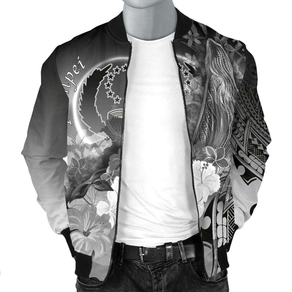Pohnpei Men's Bomber Jacket - Humpback Whale with Tropical Flowers (White) - Polynesian Pride
