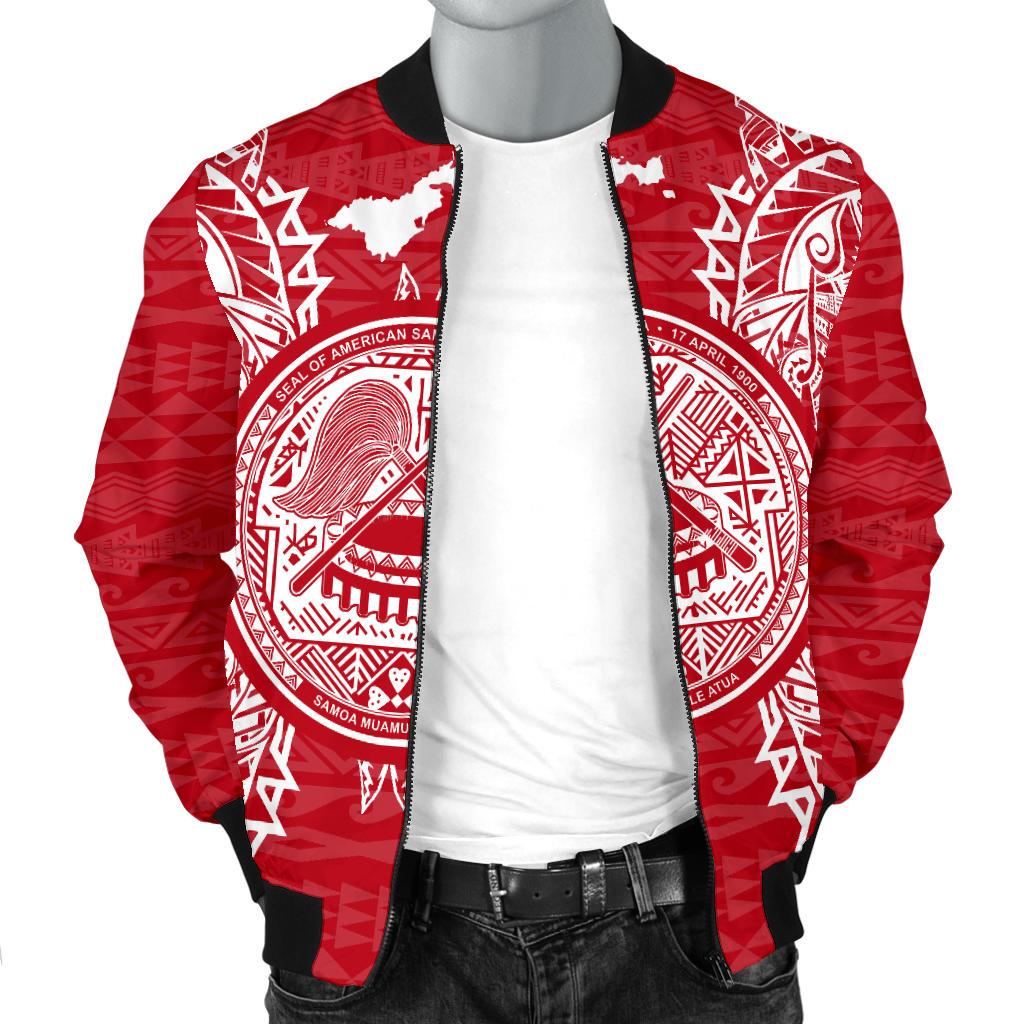 American Samoa Polynesian Men's Bomber Jacket Map Red White - Polynesian Pride