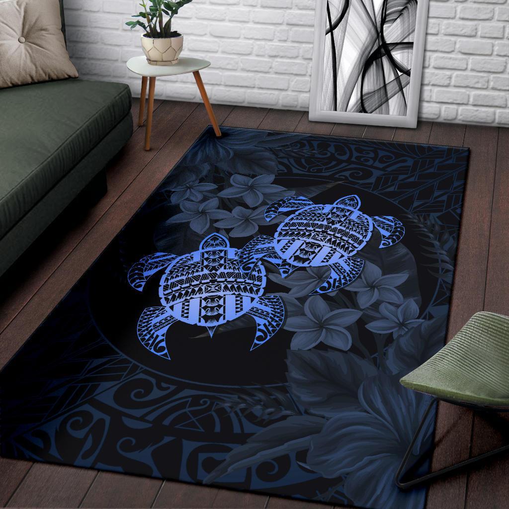 hawaii Rug - Turtle Strong Pattern Hibiscus Plumeria Blue AH - Polynesian Pride