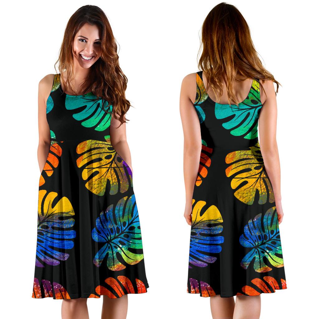 Polynesian Midi Dress - Rainbow Monstera Leave - Polynesian Pride