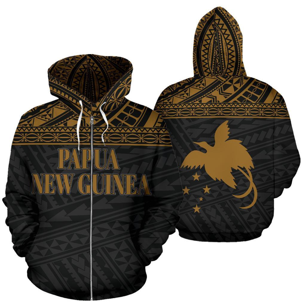 Papua New Guinea Polynesian All Over Zip up Hoodie Gold Horizontal Unisex Black - Polynesian Pride