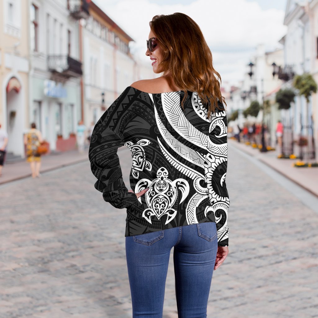 Tonga Women Off Shoulder Sweater - White Tentacle Turtle - Polynesian Pride