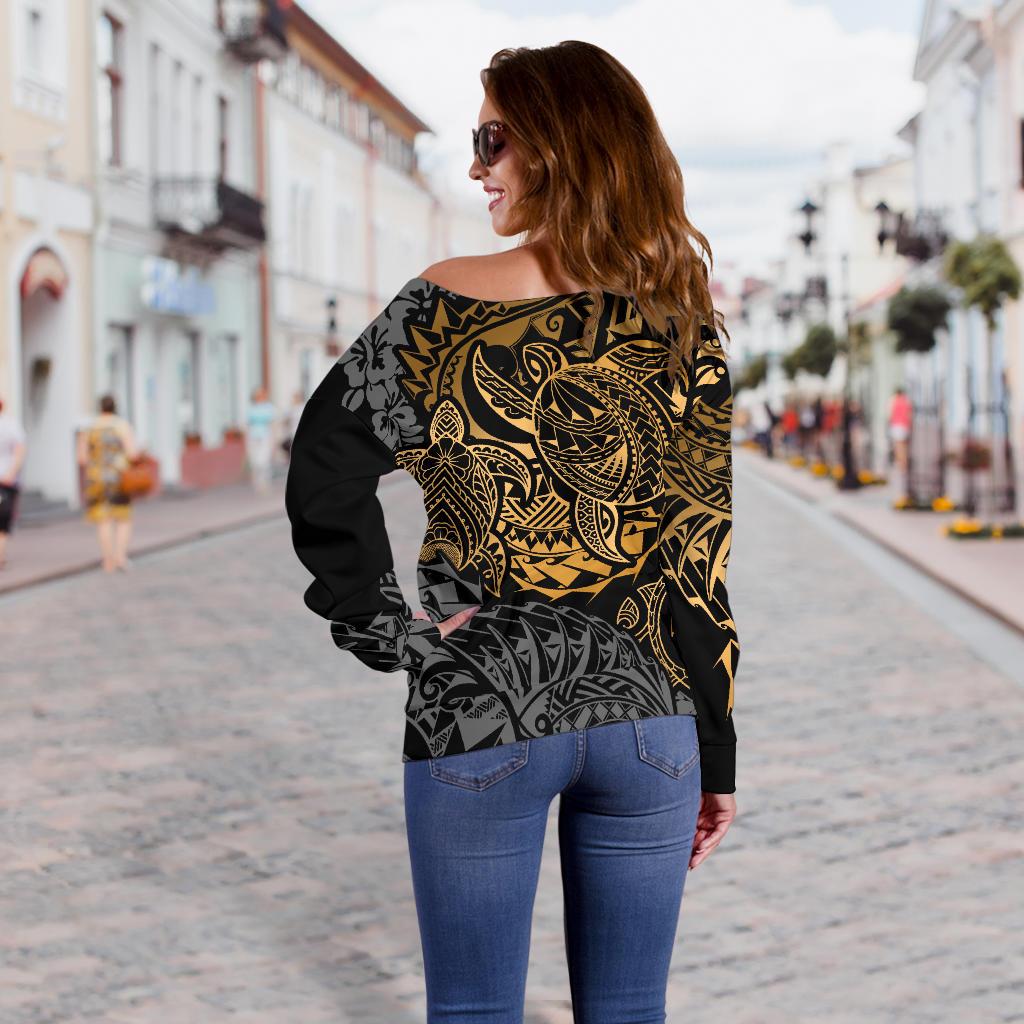 Polynesian Hawaii (Kanaka Maoli) Off Shoulder Sweater - Gold Turtle Hibiscus Flowing - Polynesian Pride