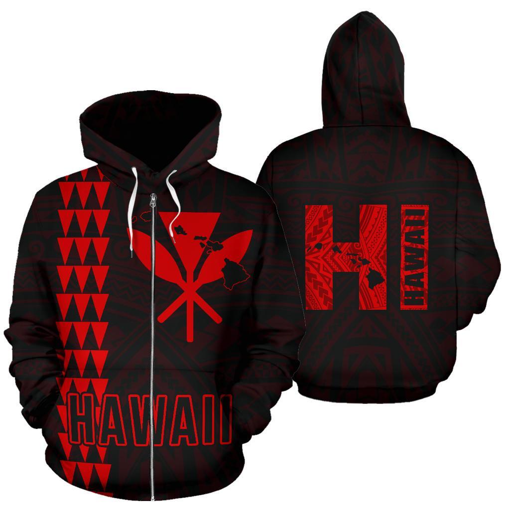Polynesian Kakau Kanaka Map of Hawaii Zip Hoodie Red Unisex Red - Polynesian Pride