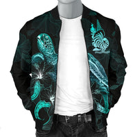 New Caledonia Polynesian Men's Bomber Jacket - Turtle With Blooming Hibiscus Turquoise - Polynesian Pride