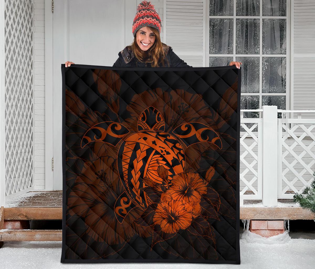 Hawaii Hibiscus Premium Quilt - Harold Turtle - Orange - Polynesian Pride