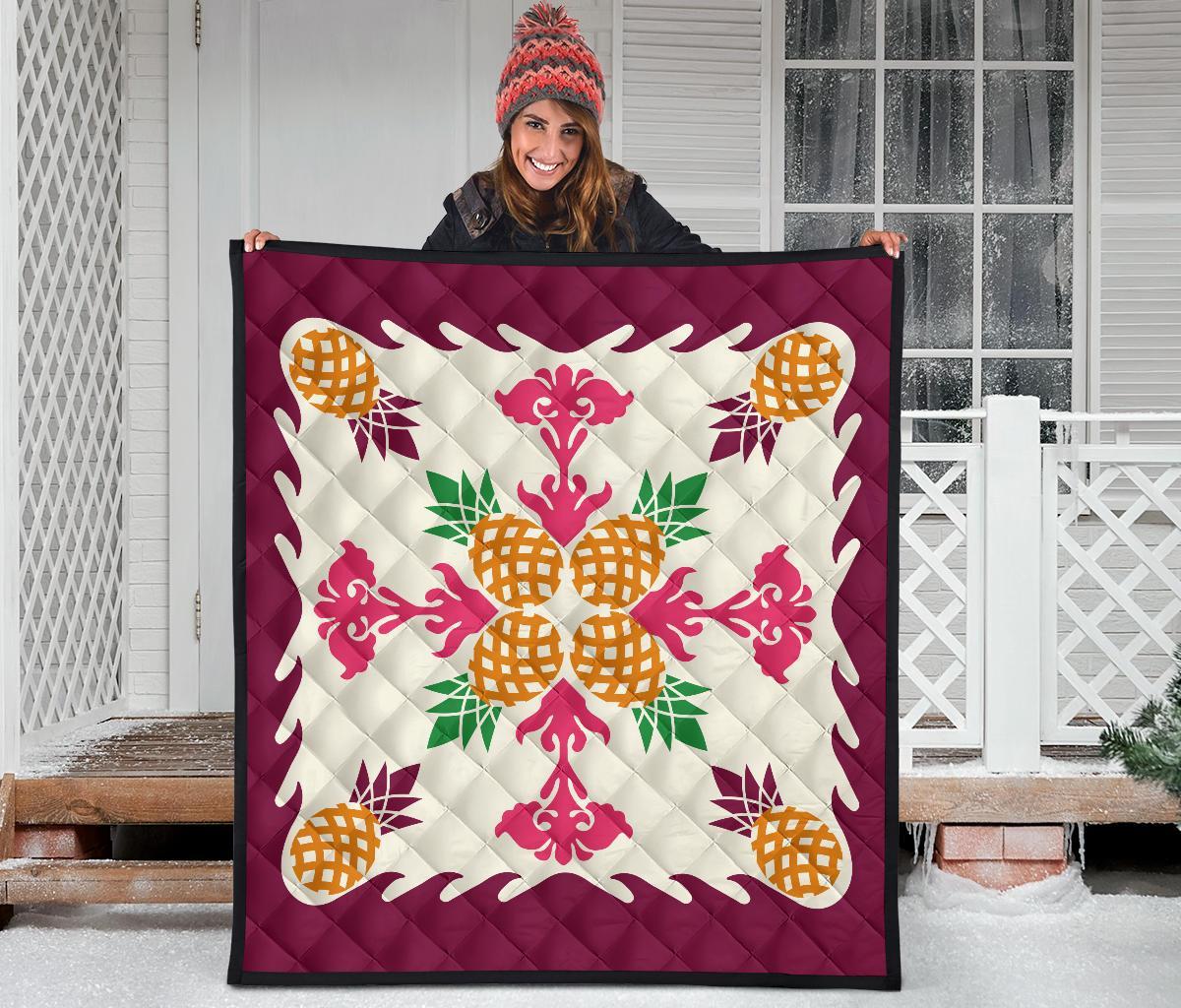 Hawaiian Pineapple Pattern Premium Quilt - Burgundy - Argu Style - AH - Polynesian Pride
