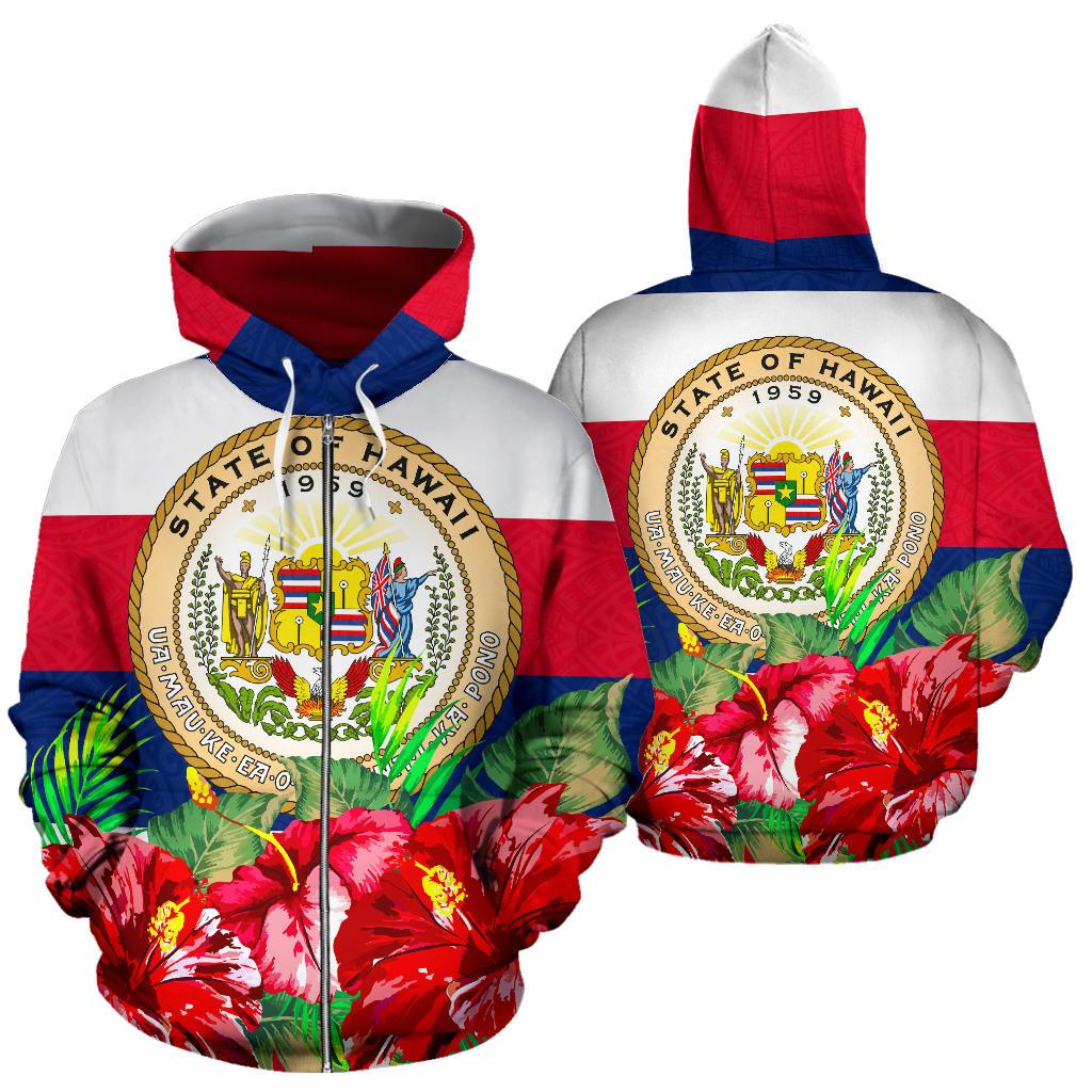 Polynesian Hawaii Zip Hoodie Flag Hibiscus Unisex Red - Polynesian Pride