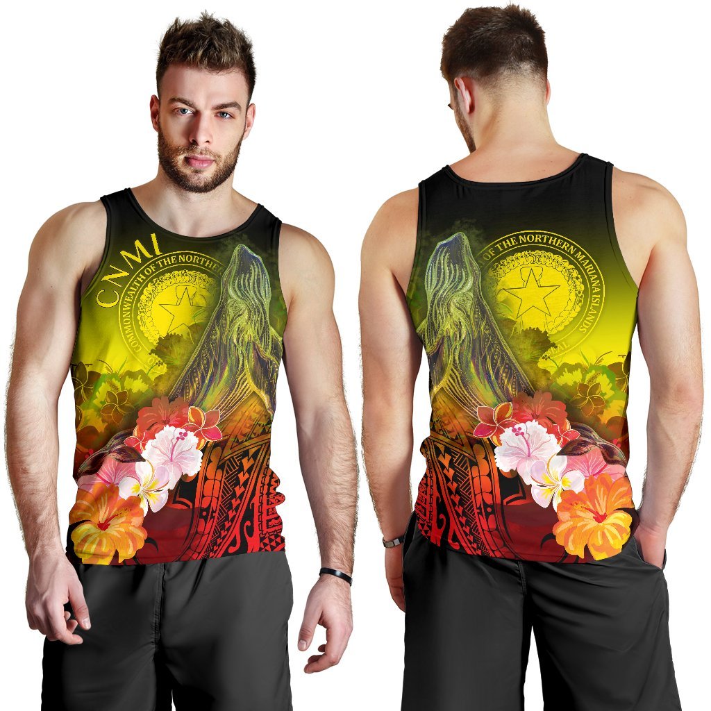 CNMI Men's Tank Top - Humpback Whale with Tropical Flowers (Yellow) - Polynesian Pride