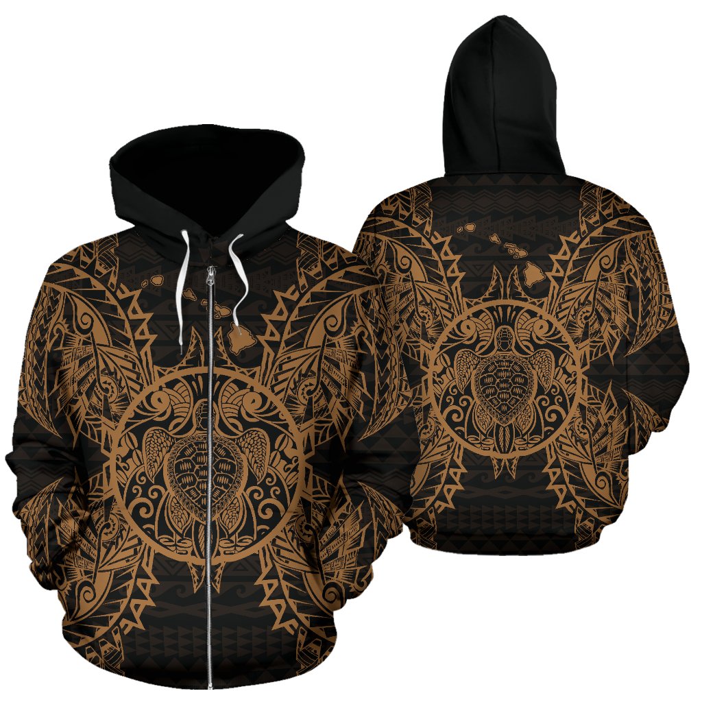 Polynesian Hawaii All Over Zip up Hoodie Turtle Gold Unisex Gold - Polynesian Pride