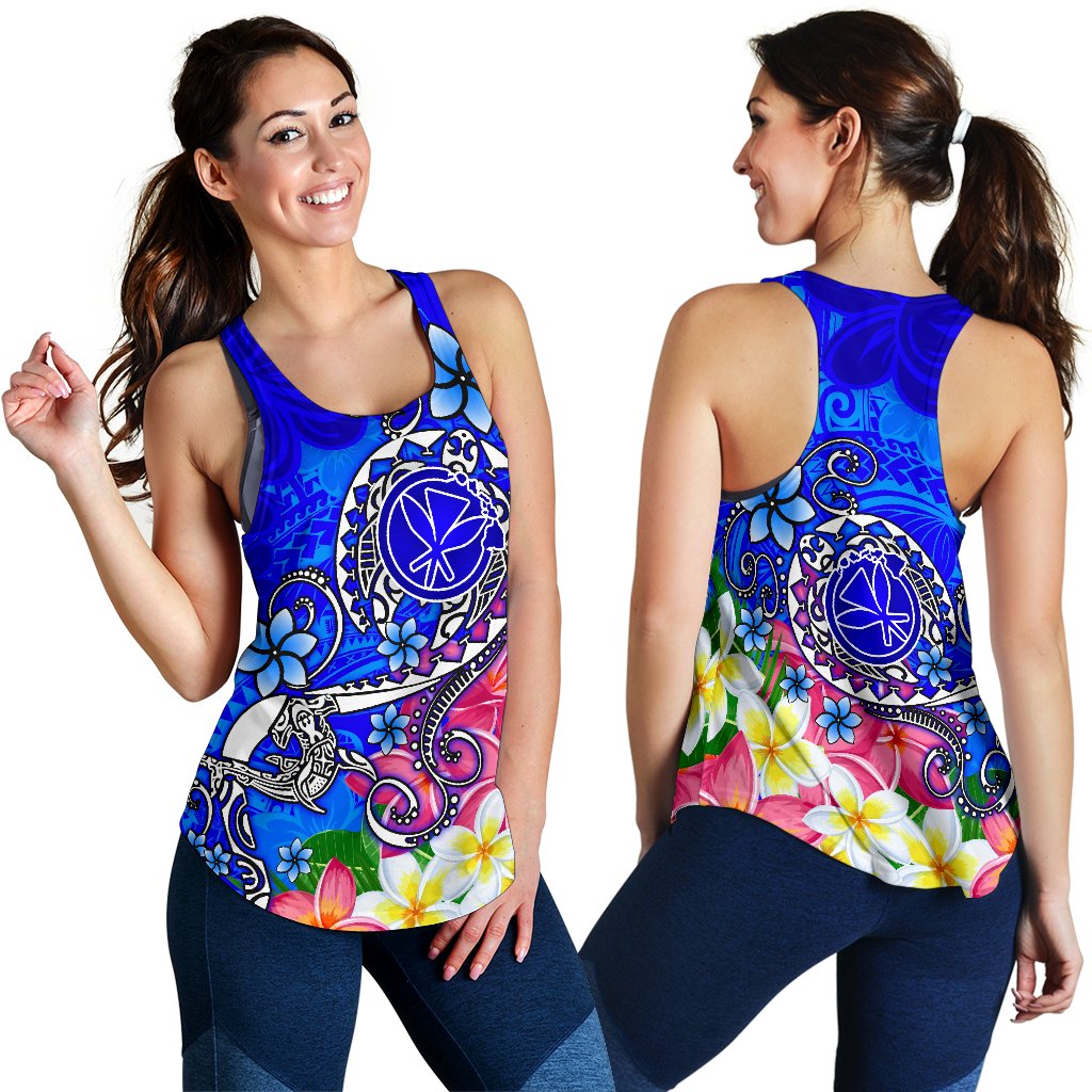 Hawaii Women's Racerback Tank - Turtle Plumeria Polynesian Tattoo Blue Color - Polynesian Pride