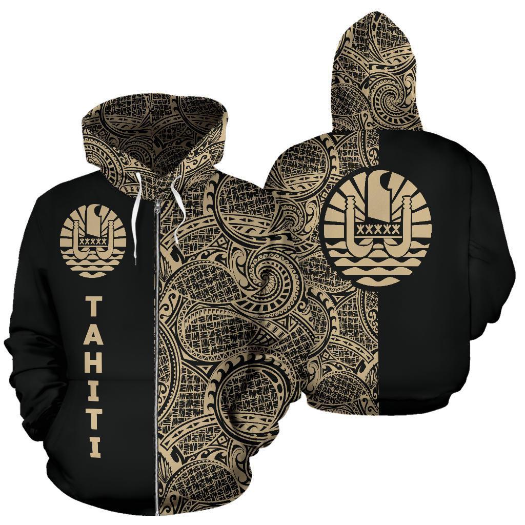 Tahiti Zip up Hoodie Tahiti Flag Polynesian Tattoo Half Style TH0 Unisex Black - Polynesian Pride