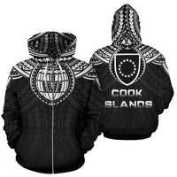 Cook Island Coat of Arms and Poly All Over Zip up Hoodie Unisex Black - Polynesian Pride