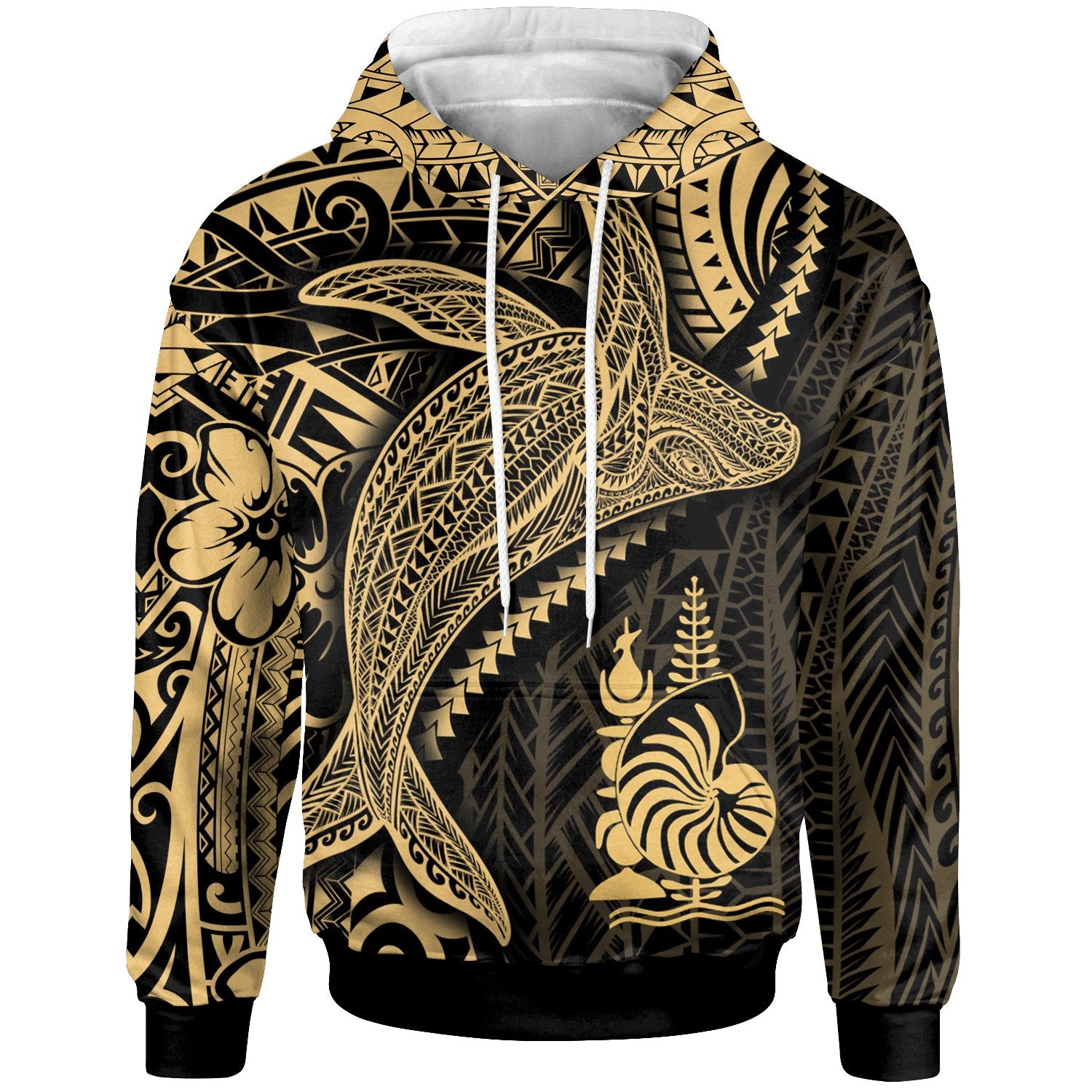 New Caledonia Hoodie Humpback Whale & Coat of Arms Gold Unisex Gold - Polynesian Pride