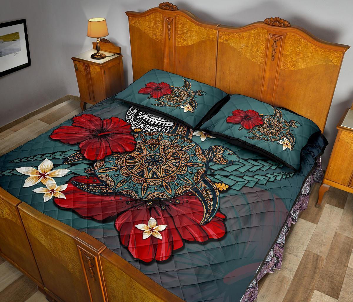 American Samoa Quilt Bed Set - Blue Turtle Tribal - Polynesian Pride