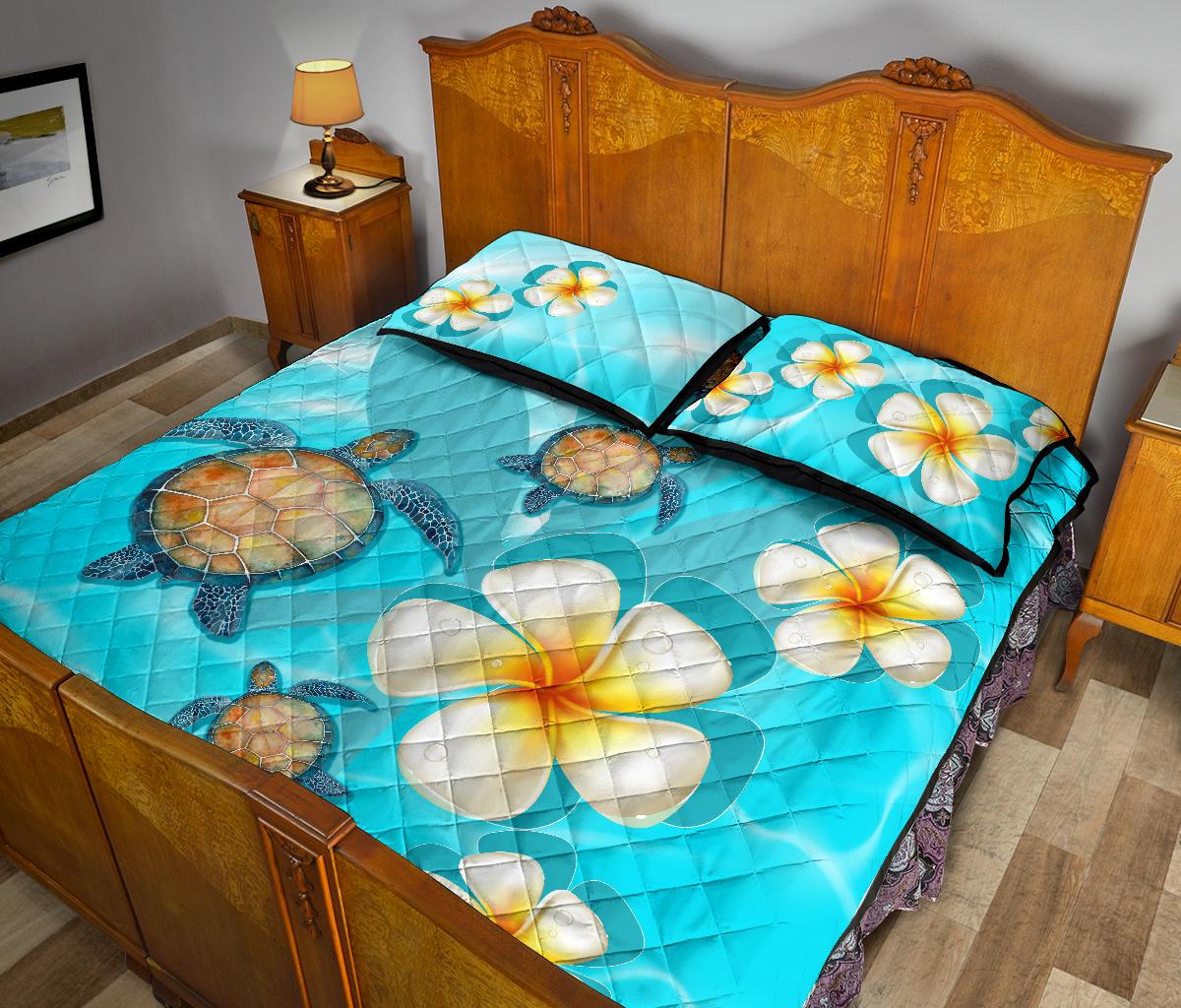 Hawaii Turtle Kanaka Plumeria Ocean Quilt Bed Set - Polynesian Pride