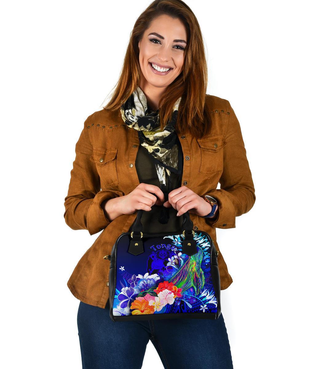 Tonga Shoulder Handbag - Humpback Whale with Tropical Flowers (Blue) - Polynesian Pride