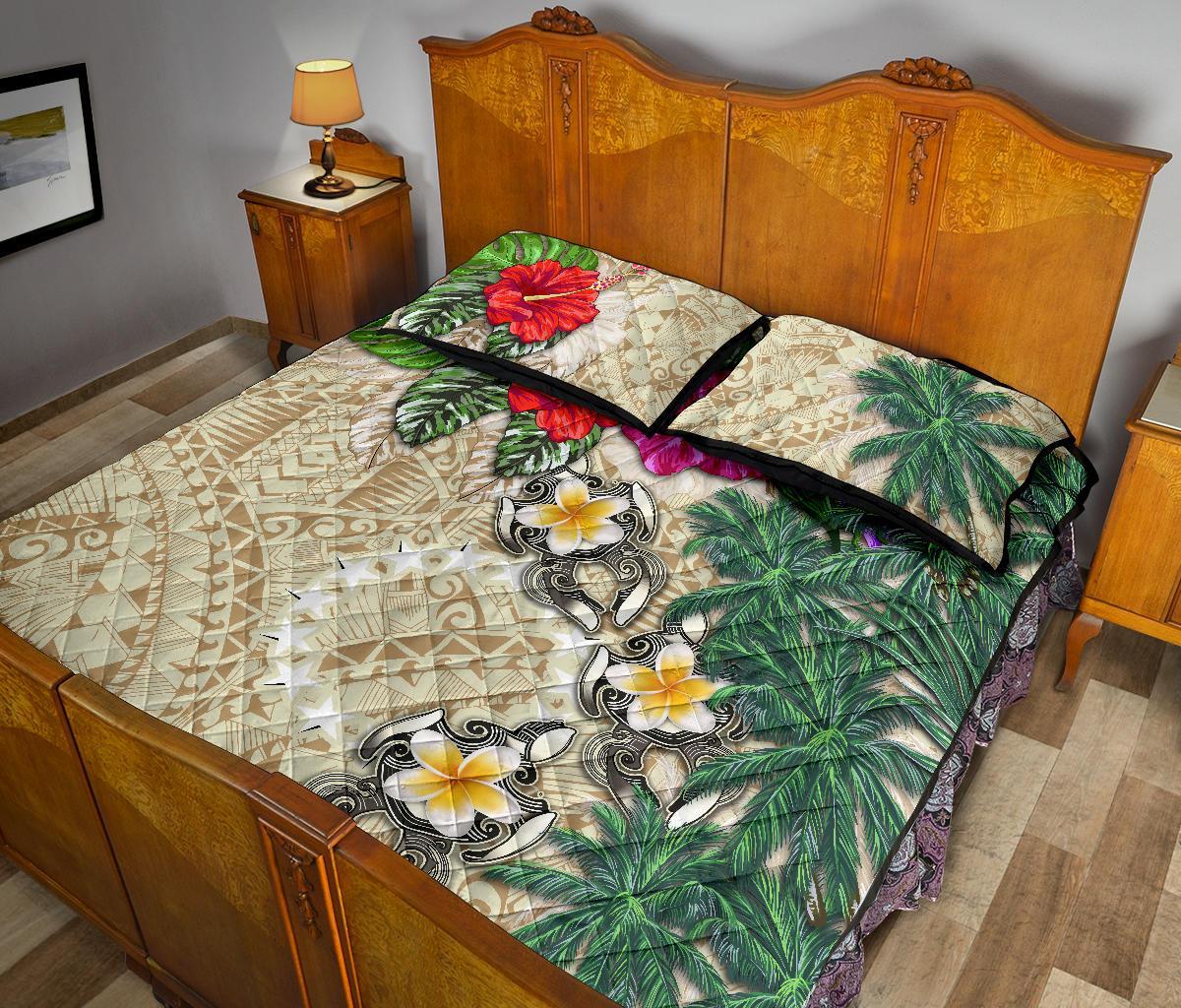 Cook Islands Polynesian Quilt Bed Set - Hibiscus Turtle Tattoo Beige - Polynesian Pride
