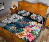 Hawaiian Turtle Swimming Wave Plumeria Hibiscus Polynesian Quilt Bed Set - Polynesian Pride