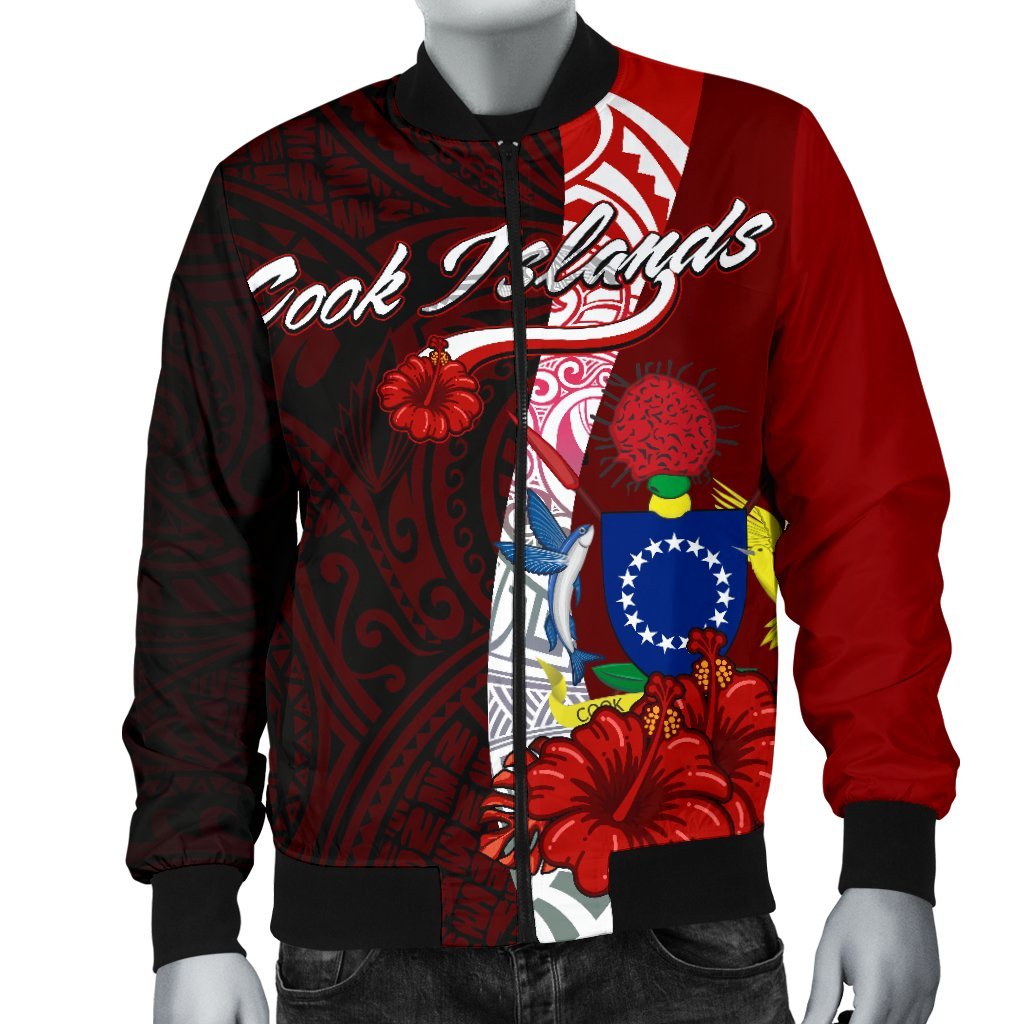 Cook Islands Polynesian Men's Bomber Jacket - Coat Of Arm With Hibiscus - Polynesian Pride